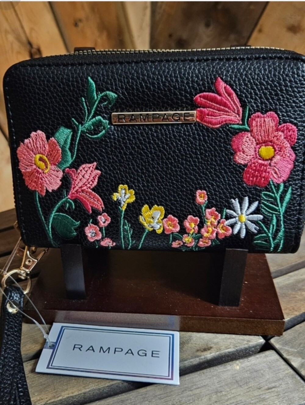 Rampage NWT Black Floral Embroidered Double Zip Wristlet Wallet